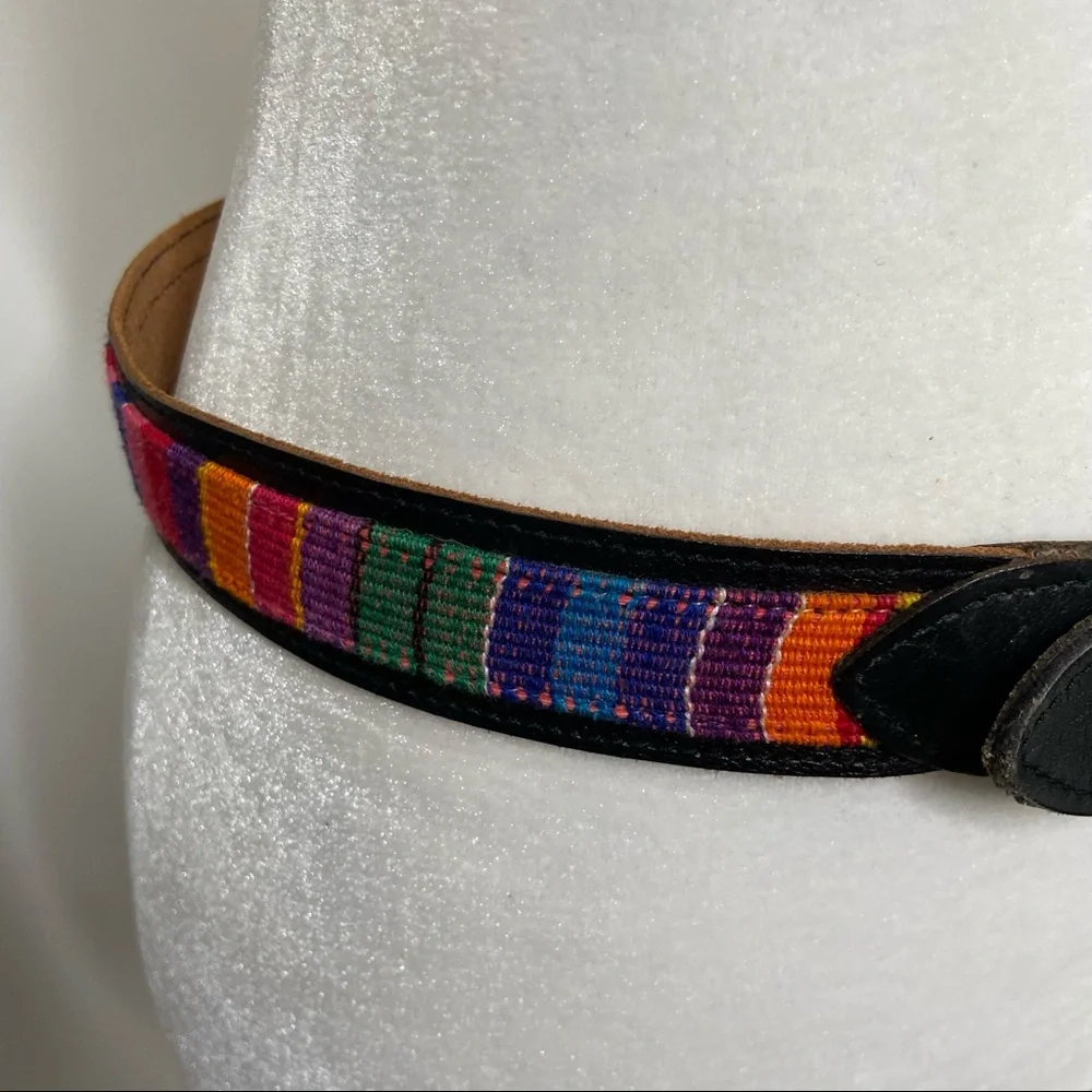 Multi-Color Rainbow Woven Waist Belt Faux Leather Buckle